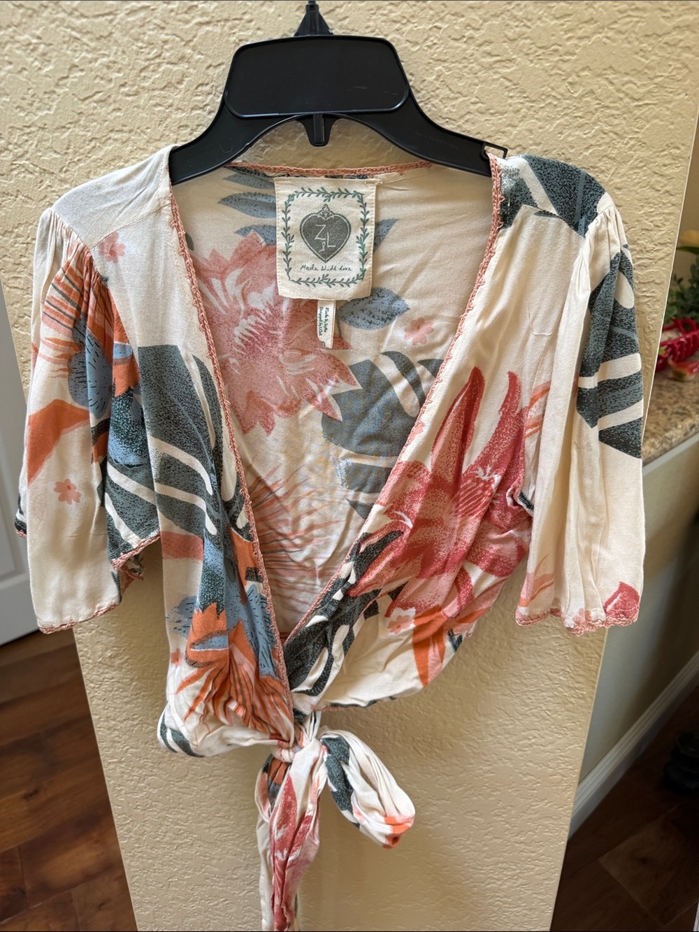 ZA Beachwear Floral Tie-Front Crop Top in Cream and Coral
